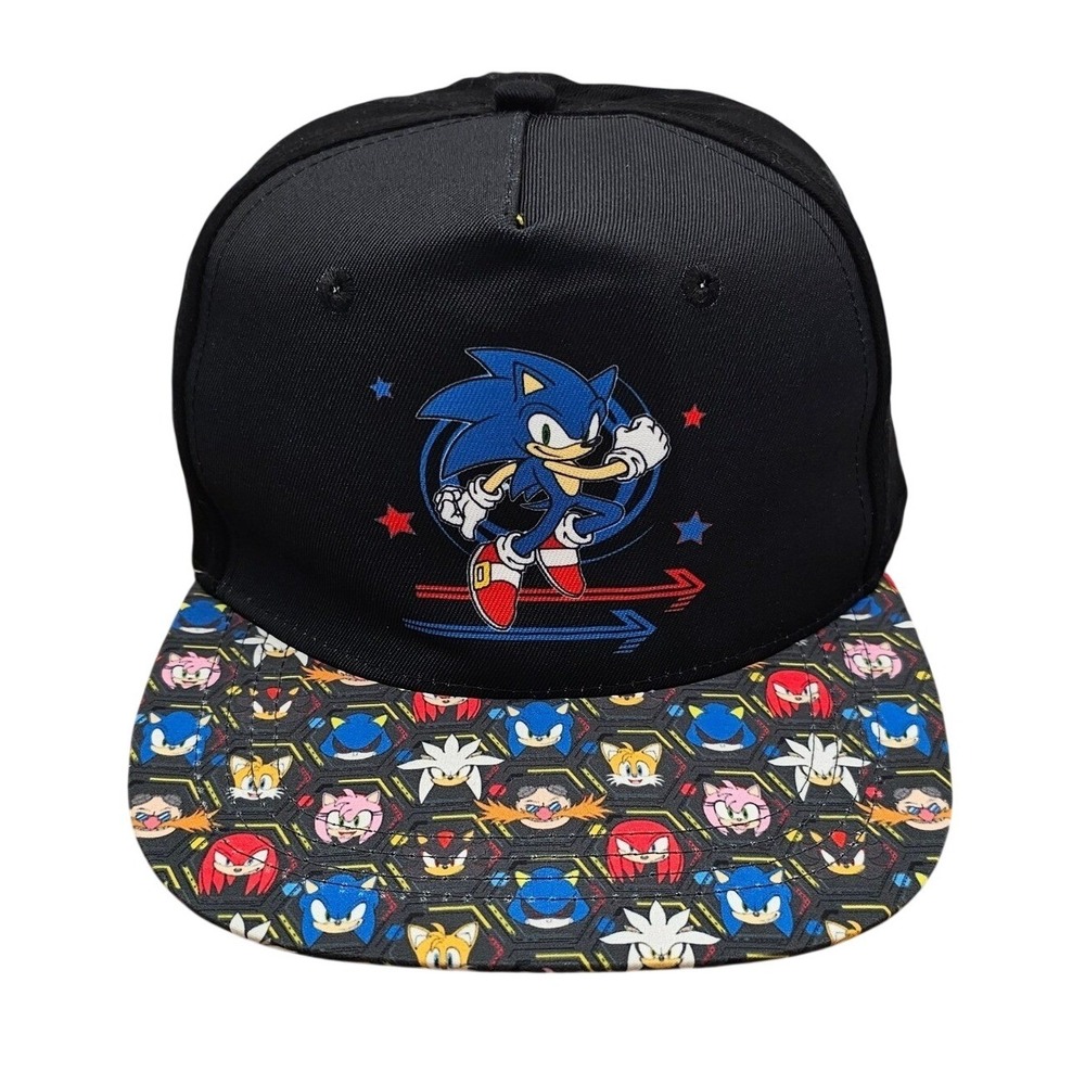 Sonic the Hedgehog SEGA Snapback Hat Character Collage Brim Black Blue Gamer Cap